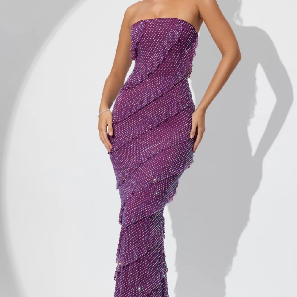 Oh Polly Embellished Strapless Ruffle Maxi Dress in Plum